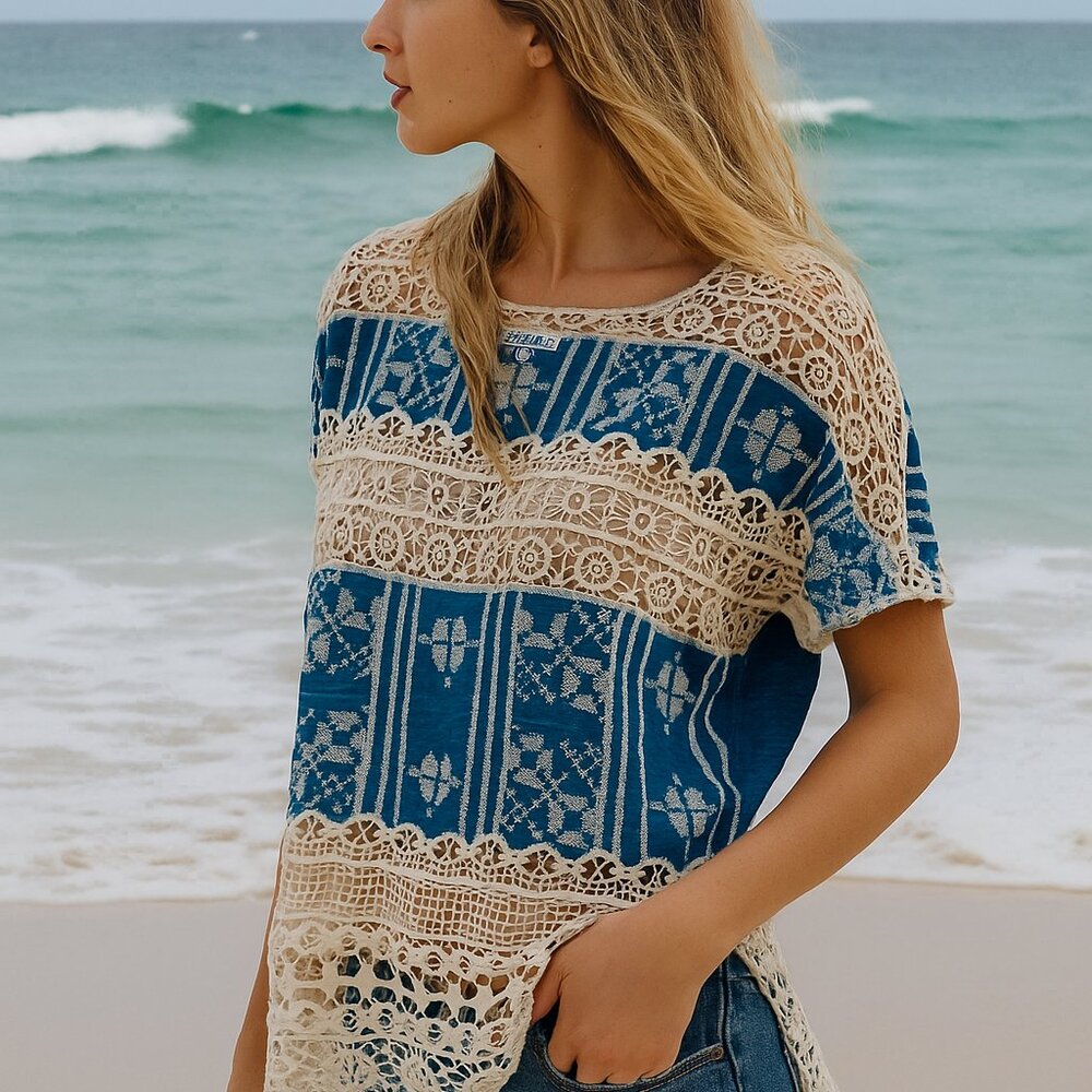ADORE Beach‎ Coverup Womens Small Blue Beige Crochet Lace Top